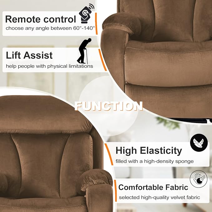 Power Lift Chair Recliners for Elderly, Modern Adult Power Lift Recliner, Velvet Upholstery Electric Lift Chair Recliner with Side Pocket for Living Room (Brown)-Ruum Studio Home