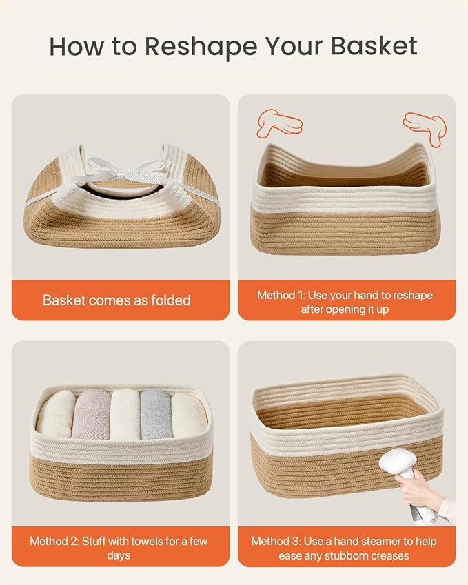 KALLAX Small Woven Basket, 13.5 x 9.5 x 5 Inches, Storage Basket for Organizing, Cute Small Rope Shelf Closet Cube Storage Bins Baskets for Shelves, Dog Toy Gift Baskets Empty, 3 Pack White & Brown-Ruum Studio Home