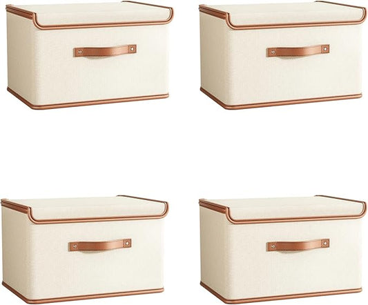 Tuza 4 Pack Storage Bins with Lids, Collapsible Closet Organizer Container, Fabric Organizer Box with Handles, Decorative Storage Boxes with Lids for Organizing Clothes, Books, File, White, Medium-Ruum Studio Home