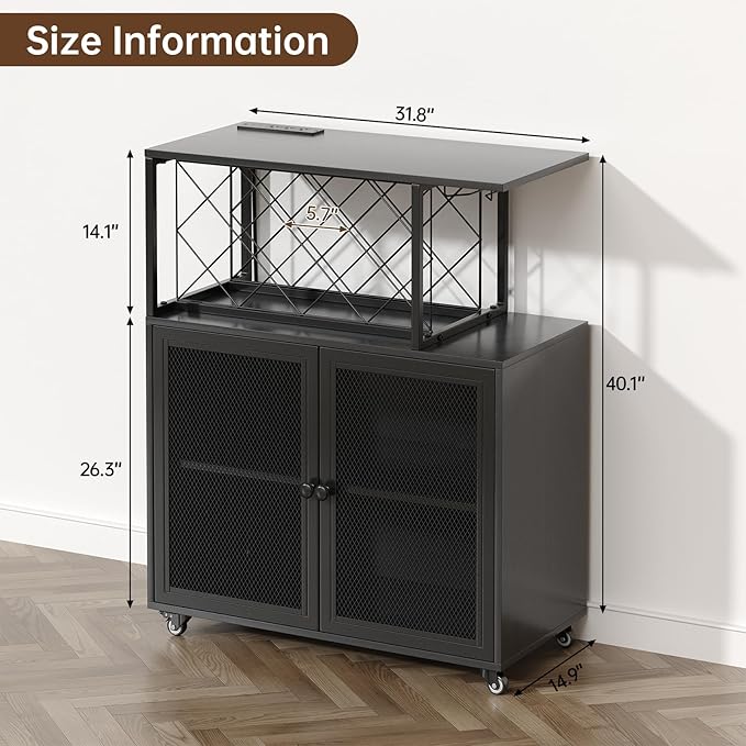 Wine Bar Cabinet with Wheels, 4-Tier Bar Cart with Power Outlets and LED Light, Liquor Cabinet Home Mini Bar with Wine Rack, Coffee Bar Cabinet for Liquor, Black-Ruum Studio Home