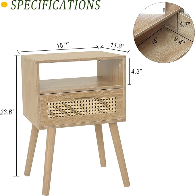 MaxSmeo Rattan Nightstand with Drawer, Mid Century Modern Wood Bedside Table for Living Room, Bedroom and Small Spaces (Rustic Walnut)-Ruum Studio Home