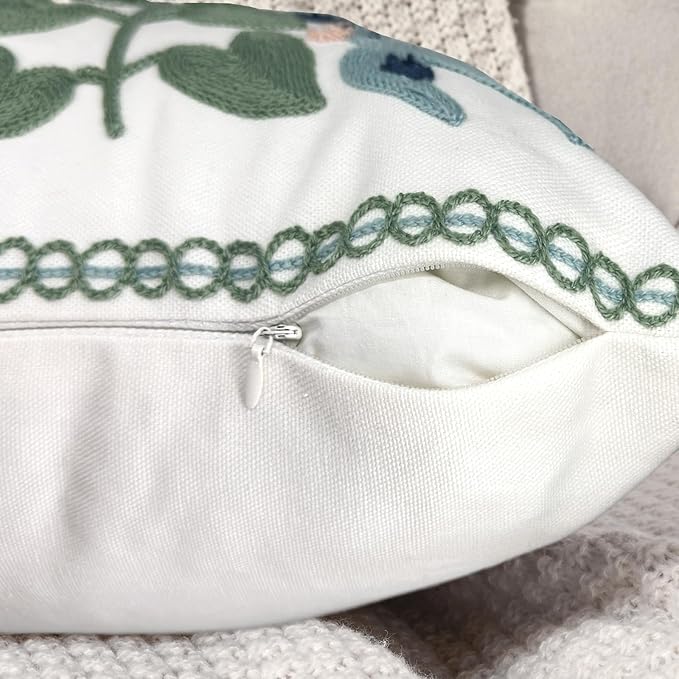 Alysheer Floral Embroidered Summer Decorative Throw Pillow Covers 20"x 20" Set of 2, Farmhouse Cottage Navy Blue Green Flowers Leaves Knit Pattern Cotton Canvas Cushion Case for Couch Bed Living Room-Ruum Studio Home