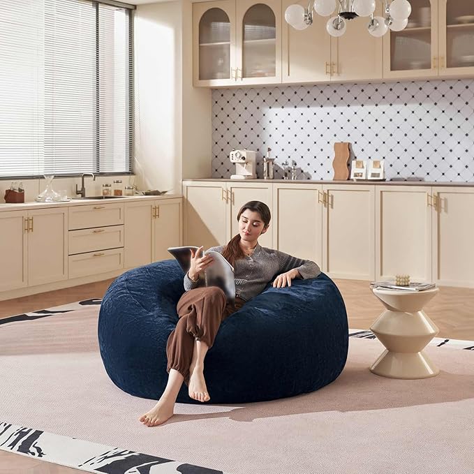 Bean Bag Chair 4Ft, Memory Foam Filled, Large Beanbag Chairs for Adults and Teens, Soft Sofa with Removable Flannel Cover, Round Couch for Living Room Bedroom College Dorm (Blue, 4FT-47×47"×24")-Ruum Studio Home