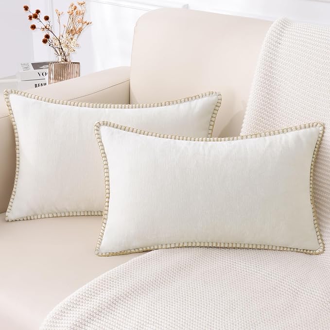 decorUhome Chenille Soft Throw Pillow Covers 12x20 Set of 2, Lumbar Velvet Farmhouse Neutral Decorative Euro Pillow Covers with Stitched Edge for Couch Sofa Bed Home Decor, Cream White-Ruum Studio Home