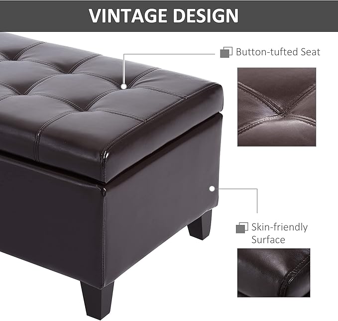HOMCOM 51" Ottoman Storage Bench, Faux Leather Storage Chest with Lift Top, Tufted Ottoman for Living Room, Entryway, Dark Brown-Ruum Studio Home