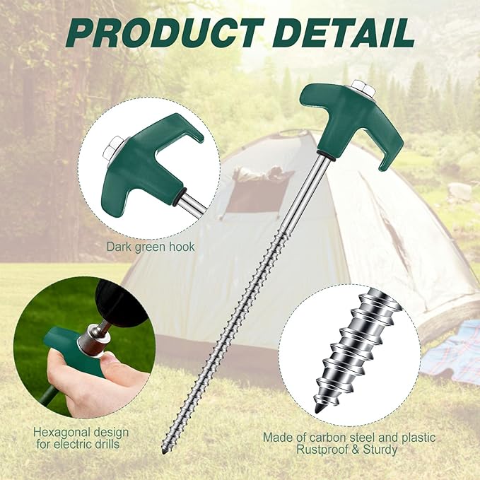 Hicarer 10 Pcs 20 Pcs 8'' Screw in Tent Stakes Heavy Duty Ground Metal Stakes for Inflatables with Hex Head Driver for Outdoor Camping Tent Inflatable Garden Decor (Dark Green)-Ruum Studio Home