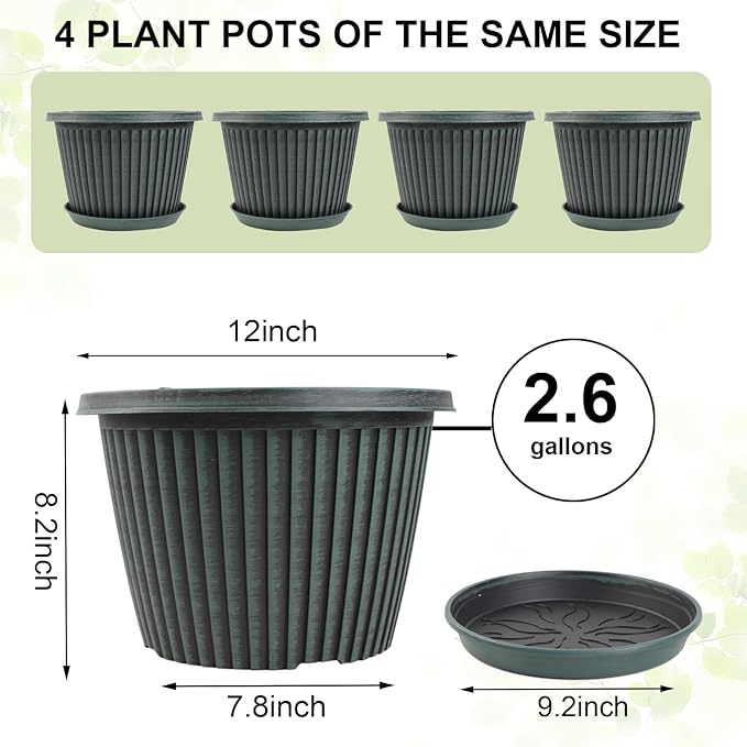 12 inch Plant Pots Indoor Outdoor, 4 Pack Large Planter, Plastic Flower Pots with Saucer and Drainage Holes, Modern Decorative Resin Garden Pots for House Plants-Ruum Studio Home