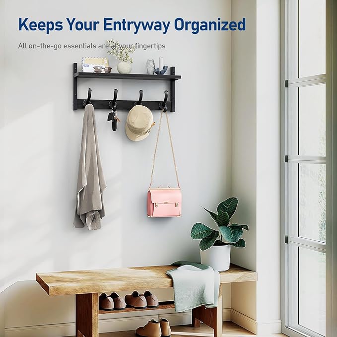 Tatub 20" Rustic Coat Rack Wall Mount with Shelf, Wall Hooks with Shelf, Heavy Duty Entryway Organizer Hangers for Hanging, Hat, Bag, Jacket for Bathroom, Living Room, Bedroom, Black-Ruum Studio Home
