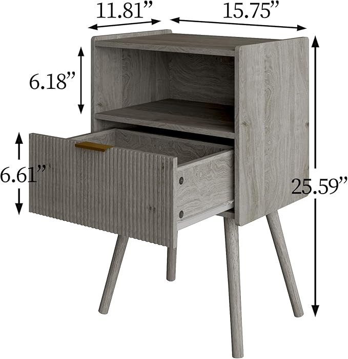 Nightstand,Modern Bedside Table with Storage Drawer and Open Wood Shelf, Accent Night Stand with Solid Wood Legs for Living Room, Bedroom and Small Spaces,Easy Assembly (Grey Oak)-Ruum Studio Home