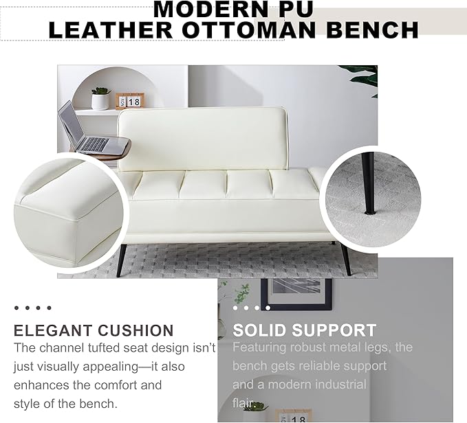Sofa,Bed Bench,Small Spaces Furniture,Polyurethane Leather,Wood Frame,High Density Sponge Infillings,360-Degree Swivel Tray,Black Metal Leg (Beige)-Ruum Studio Home
