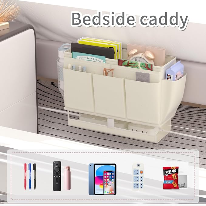 Bedside Caddy, Bed Organizer with 11 Pockets and Power Strip Holder,Versatile Bedside Storage Caddy for Home,Dorm,Bunk,Hospital,Crib Bed (2 Pack White)-Ruum Studio Home