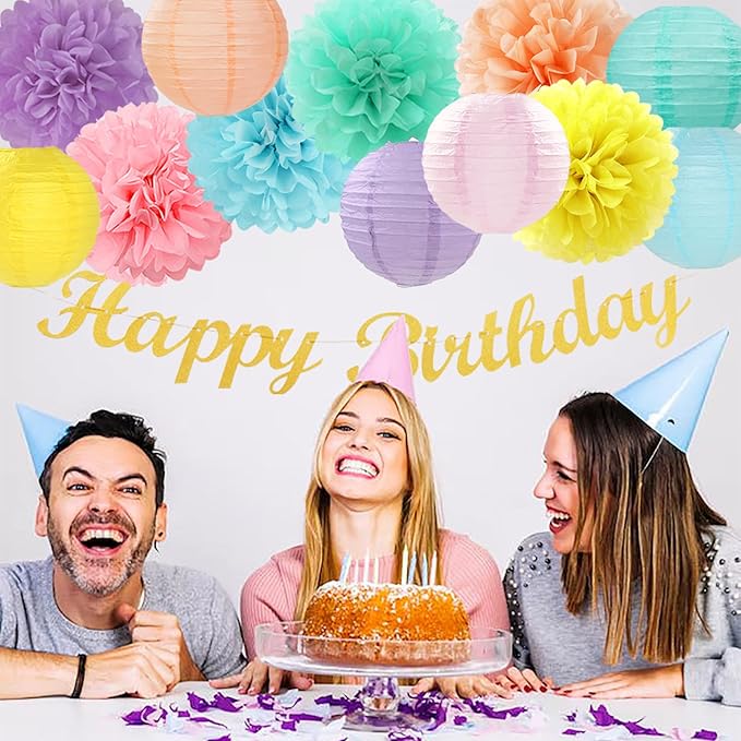 Pastel Rainbow Colorful Party-Decorations Paper Flowers Lanterns - 15PCS Birthday Classroom Baby Shower Tissue Pom Poms Streamers, Macaron Carnival Theme Hanging Supplies Decor Hugfond-Ruum Studio Home