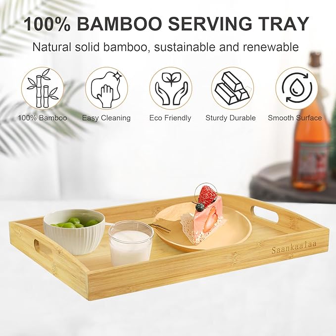 Bamboo Serving Tray Set of 2 Elegant for Coffee, Eating or Decor - Large and Small Rectangle Serving Trays with Handles - Wood Serving Tray Suitable for Home, Kitchen and Outdoor-Ruum Studio Home
