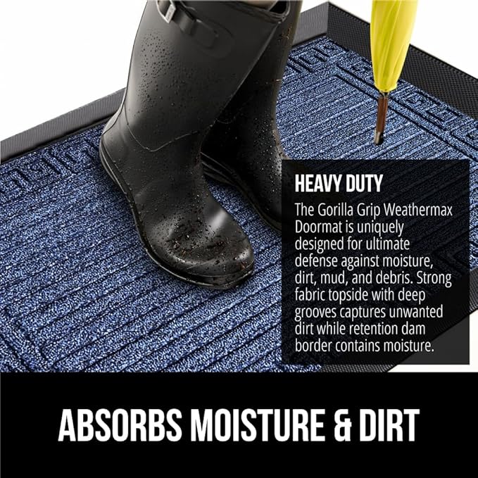 GORILLA GRIP 100% Waterproof All-Season WeatherMax Doormat, 72x24, US Designed Natural Rubber, Stain and Fade Resistant, Low Profile Indoor Outdoor Door Mats, Easy Clean Patio Mat, Navy Greek Keys-Ruum Studio Home