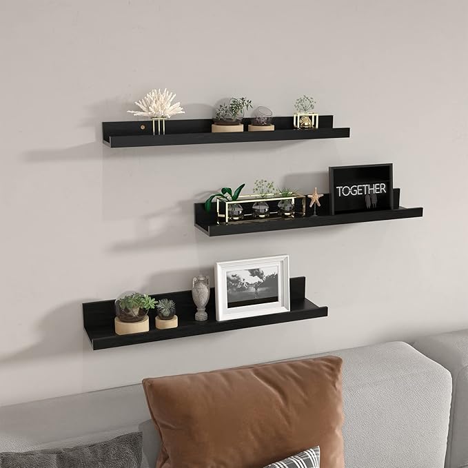 Giftgarden 24 Inch Black Floating Shelves Wall Mounted Woodgrain Picture Ledge Shelf for Storage Bedroom Bathroom Kitchen Living Room Office, Set of 3 Different Sizes-Ruum Studio Home