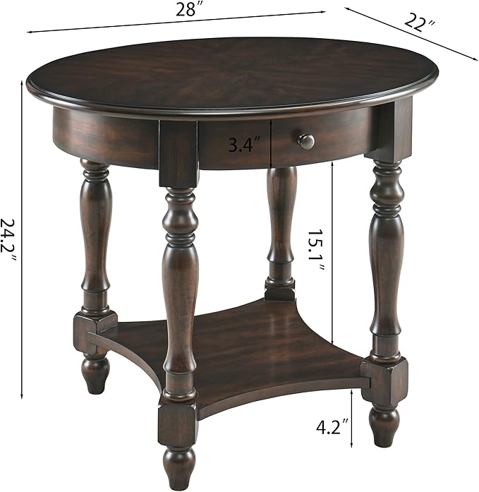 MODERION Oval End Table with Drawer, Solid Wood Sofa Side Table with Storage Shelf, Traditional Living Room Corner Table, Nightstand, Easy Assembly 28” x 22” x 24” Retro Walnut CJZ2233DC-Ruum Studio Home