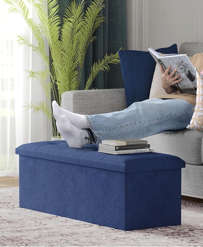 Storage Ottoman Bench, Folding Ottoman Foot Rest, End of Bed Bench,Storage Chest, for Living Room, Bedroom, Hallway, Entryway, Holds up to 700 lb (Navy BLUE1, 43")-Ruum Studio Home