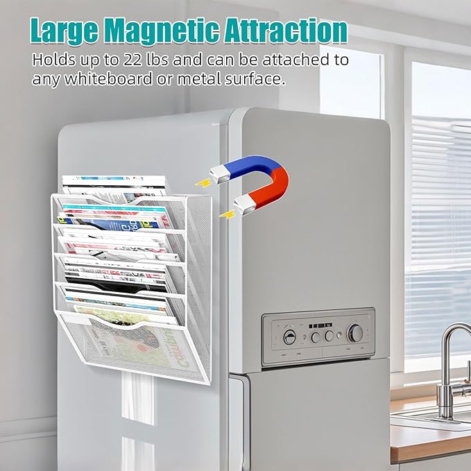 5-Tier Magnetic File Organizer, No Drilling Installation, White Magnetic Paper Holder, Magazine Rack for Refrigerator and File Cabinets-Ruum Studio Home