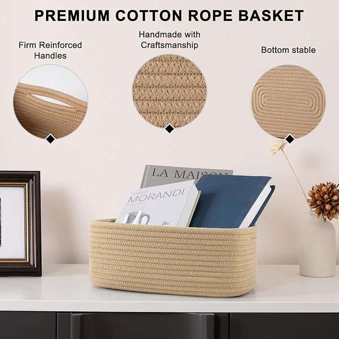 4 Pack Small Storage Shelf Baskets for Organizing, Mini Woven Rope Storage Bins for Towels, Cute Decorative Closet Organizer，Baby Nursery, Gift Empty Baskets -11.81''Lx7.87''Wx4.72''H-Jute-Ruum Studio Home