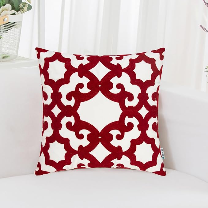 HWY 50 Red Decorative Throw Pillow Covers 18x18 Inch (1 Piece), Embroidered Cotton Farmhouse Cushion Cover Pillow Case for Sofa Couch Living Room Bed, Geometric-Ruum Studio Home