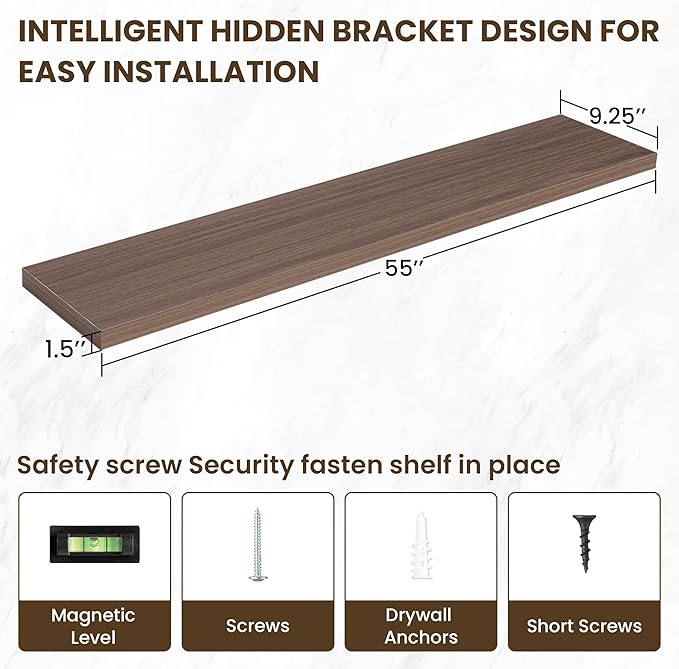 55 Inch Floating Shelves, 55"x9.25"x1.5" Inch Deep Floating Shelves for Wall, Wooden Shelves for Bathroom, Bedroom, Living Room, Walnut-Ruum Studio Home