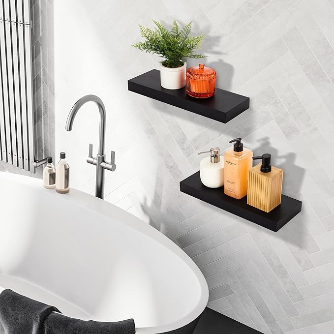 Sorbus Floating Shelves for Wall, Bathroom Shelves Wall Mounted for Kitchen, Bedroom, Bathroom Storage Over Toilet, Hanging Book Shelf for Wall Home Decor Living Room (Black, 3 Pack)-Ruum Studio Home
