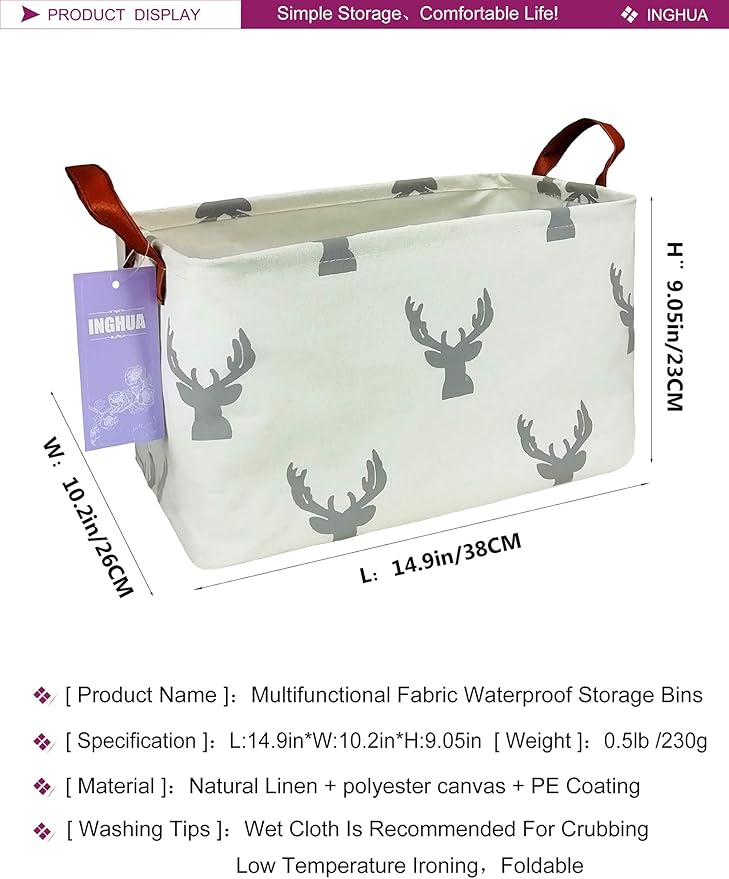 Rectangular Storage Basket Fabric Organizer Bin for Toys,Books,Clothes,Gifts,Pets-Perfect for Home,Office,Nursery,Dorm,Shelf(Rec grey deer)-Ruum Studio Home