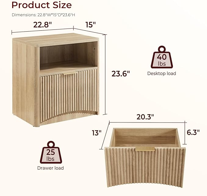 Fluted Nightstand, Natural Oak Bedside Table with Drawer and Storage, Wood End Table Mid Century Modern, Large Night Stand for Bedroom-Ruum Studio Home