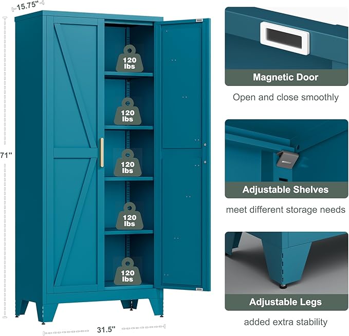 71'' Farmhouse Metal Storage Cabinet with Barn Doors,Steel File Cabinet for Home Office,Kitchen Pantry 4 Adjustable Shelves,Freestanding Cupboard for Kitchen,Home Office (Peacock Blue)-Ruum Studio Home