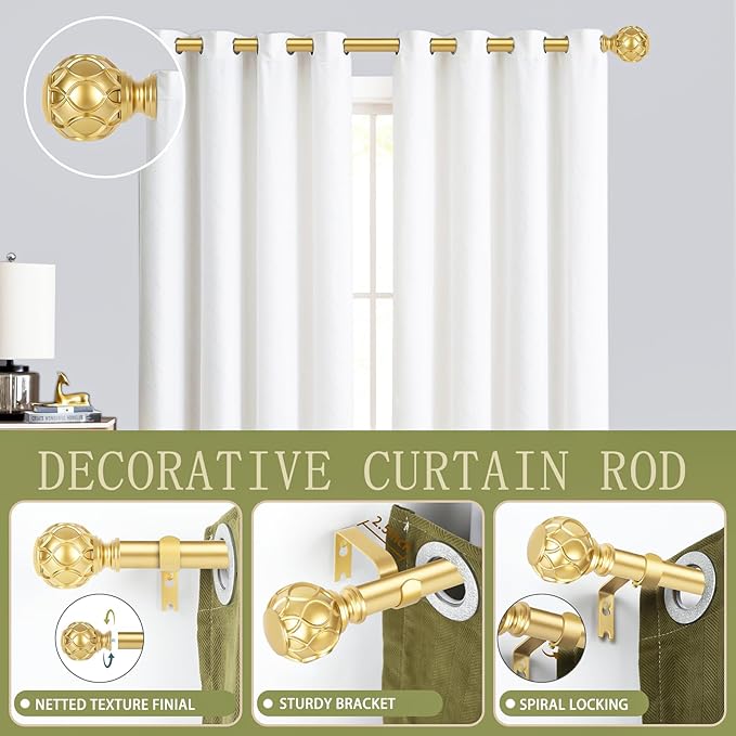 Gold Adjustable Curtain Rods for Windows:Farmhouse Heavy Duty Curtain Rod for Bedroom Living Room,Boho Decorative Rustic Drapery Rod with Vintage Coastal Finials,Brass Gold 2 Pack 66-120"-Ruum Studio Home