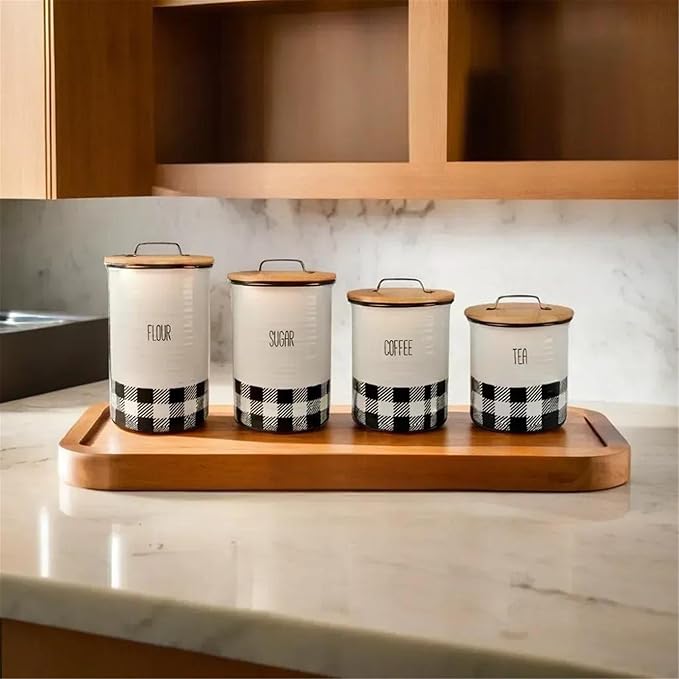 Young's Inc. 4 Pcs Set Plaid with Bamboo Lids Ceramic Canisters- Storage Container for Kitchen and Bathroom - Beautiful Home Decor Accent to Store Food, Coffee, Tea, and More - Black, White-Ruum Studio Home