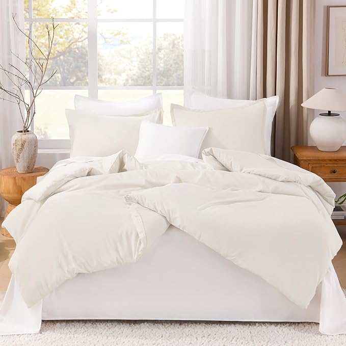 Litanika Ivory Comforter Set Full Size, 3 Pieces Lightweight Solid Bedding Comforter Set, All Season Fluffy Bed Set (79x90In Comforter & 2 Pillowcases)-Ruum Studio Home