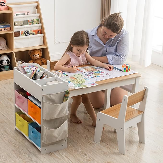 Kids Art Table and Chair - Toddler Craft Table and Chairs Set with 2 Chair & Bins, Large Storage Kids Activity Desk with Paper Roll for Playrooms & Classroom, 40" L x 20" W, Natural-Ruum Studio Home