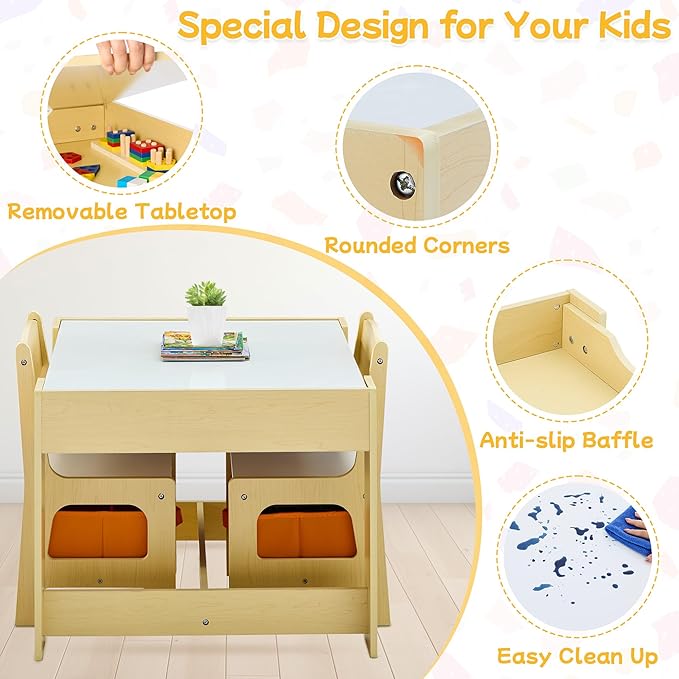 Kids Table and Chair Set, 3 in 1 Wooden Activity Table with Detachable Tabletop, Toddler Table and Chair Set with Storage Drawer, Kids Play Table for Children Art, Craft, Eating, Learning-Ruum Studio Home