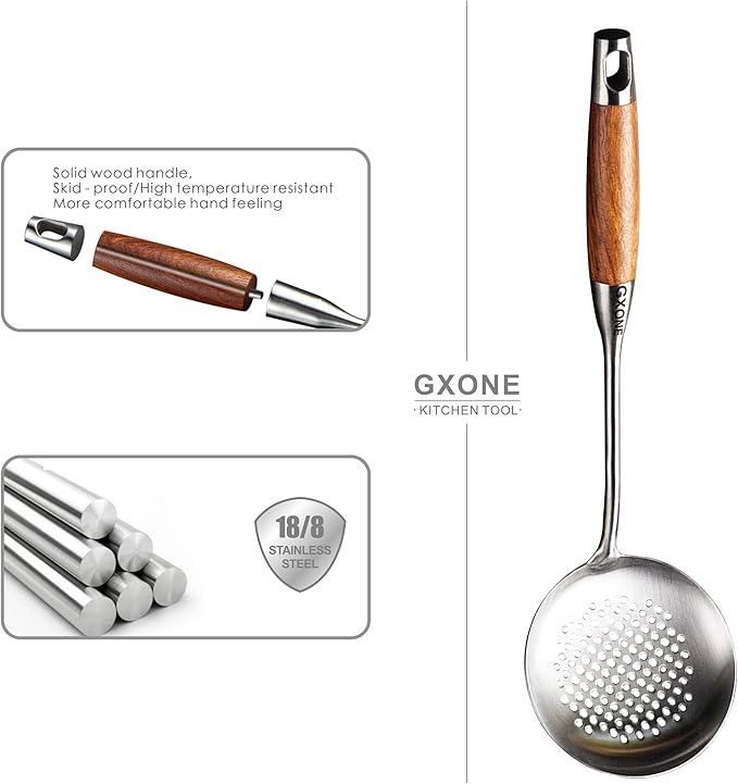 Slotted Spoon,304 Stainless Steel Skimmer Spoon with Heat Resistant Wooden Handle,Silver/15.8Inch-Ruum Studio Home
