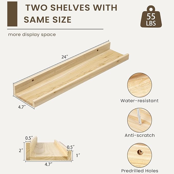 Floating Shelves for Wall, Picture Ledge Shelf 24 Inch Solid Wood Set of 2, Rustic Wall Shelves with Lip, Kids Bookshelf, Photo & Picture Live Edge Floating Shelves for Bedroom, Living Room, Kitchen-Ruum Studio Home