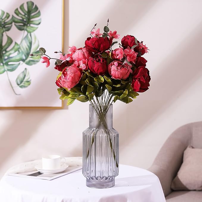 Duovlo Fake Flowers Vintage Artificial Peony Silk Flowers Wedding Home Decoration,Pack of 1 (New Red)-Ruum Studio Home