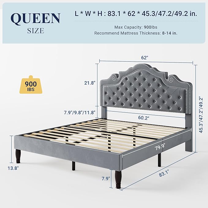 Allewie Queen Size Bed Frame with Adjustable Velvet Tiara Headboard, Upholstered Diamond Button Tufted Platform Bed, Wood Slats Support, No Box Spring Needed, Light Grey-Ruum Studio Home