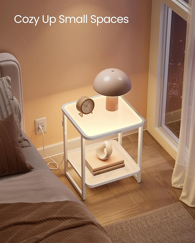 VASAGLE End Table, 2-Tier Side Table with LED Lights, Modern Nightstand, Square Bedside Table, Frosted Glass, Bottom Shelf, for Bedroom, Cloud White and Pearl White ULET232W01-Ruum Studio Home