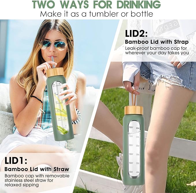 32 oz Glass Water Bottle with Straw - Motivational Time Marker & Silicone Sleeve - Reusable Tumbler Includes 2 Bamboo Lids & Fruit Infuser - 1 Pack-Ruum Studio Home