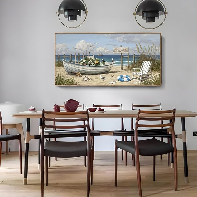 amatop Giant Framed Beach Wall Art Large Nautical Seaside Canvas Print Flower Boat Ocean Horizontal Landscape Picture Sea Birds Artwork for Coastal Farmhouse Living Room Bedroom Office Decor 58×29 Inch-Ruum Studio Home