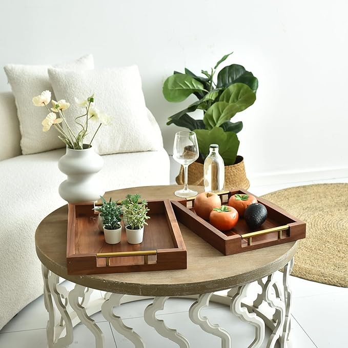 Set of 2 Acacia Wood Serving Trays with Gold Metal Handles for Food Serving, Appetizers & Snacks - Ideal for Bed, TV, Ottoman or Coffee Table Décor, Home Decoration Accessory 15.75x11.8 Inch-Ruum Studio Home