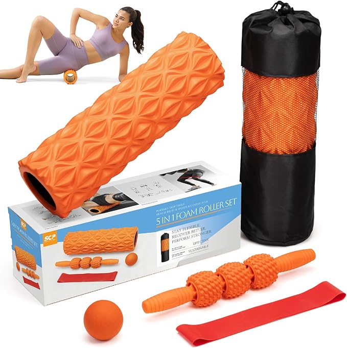 5 in1 Foam Roller Set, Trigger Point Foam Roller, Massage Roller Stick, Massage Ball, Resistance Band for Deep Muscle Massage Pilates Yoga,Fitness Exercise for Whole Body (Pure Orange)-Ruum Studio Home