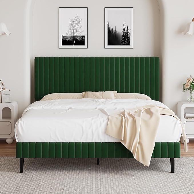 Full Size Bed Frame, Velvet Upholstered Platform Bed with Vertical Channel Tufted Headboard and Footboard, No Box Spring Required, Easy Assembly, Green-Ruum Studio Home