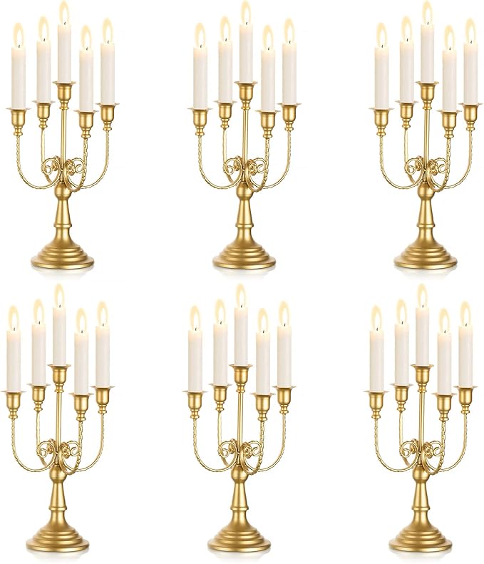 Sziqiqi Candelabra Candle Holder Gold Set of 6-5-arm Metal Candlestick Holders for Taper Candles for Centerpieces Table Wedding Christmas Fireplace Decor Birthday-Ruum Studio Home