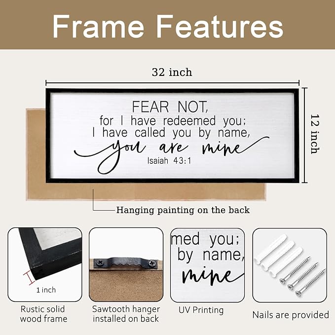 Fear Not for I Have Redeemed You Sign Framed Wall Art, 32''×12'' Rustic Religious Christian Isaiah 43:1 Bible Verse Sign, Horizontal Holy Inspirational Catholic Scripture Decor-Ruum Studio Home