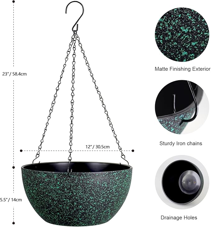 12 inch Large Hanging Planters for Indoor Outdoor Plants, 2 Pack Hanging Flower Pots with Drainage Holes and Chain, Plastic Hanging Baskets for House Plants, Black with Green Speckles-Ruum Studio Home