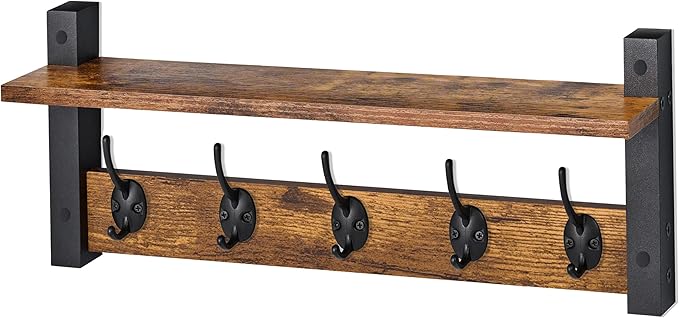 Sorbus Coat Hooks Wall Mount with Shelf – 24 Inch Coat Rack Wall Mount with 5 Heavy Duty Hooks – Floating Wall Shelf with Hooks for Entryway, Bathroom, Bedroom, Kitchen, or Mudroom (Rustic Brown)-Ruum Studio Home