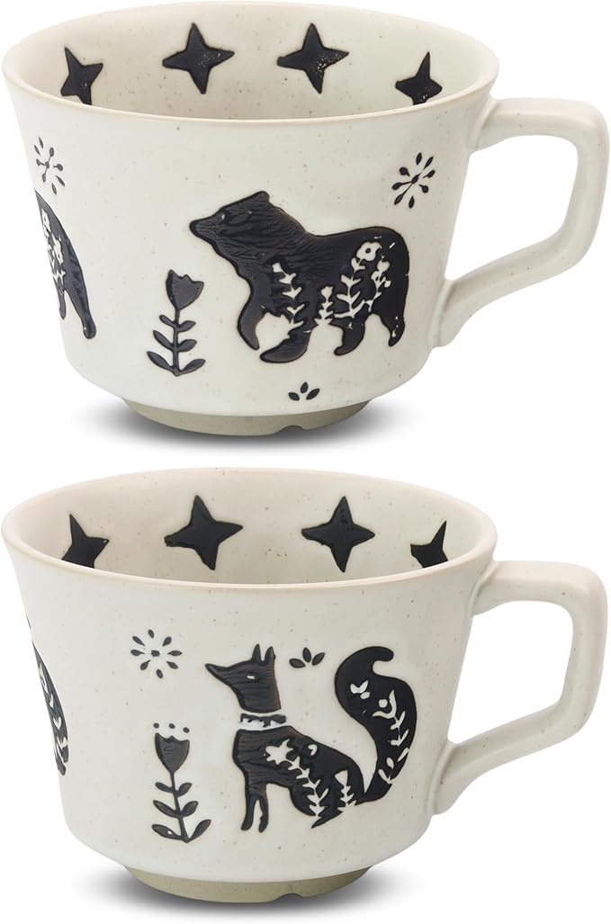Ceramic Coffee Mug, 12 oz Novelty Unique Teacup with Large Handle, Stoneware Cup for Tea Mocha Latte Cappuccino Espresso (Set of 2, Fox and Bear)-Ruum Studio Home