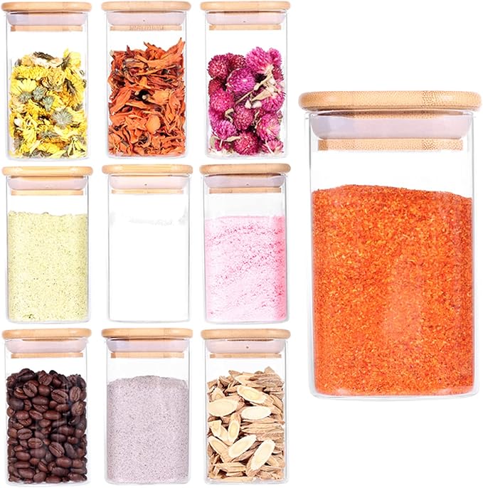10 Pcs Glass Spice Jars - 8oz Empty Square Spice Storage Containers With Bamboo Airtight Lid and Labels - Thicken Small Glass canister for Kitchen Seasoning,Coffee Bean,Tea,Suger,Herbs-Ruum Studio Home